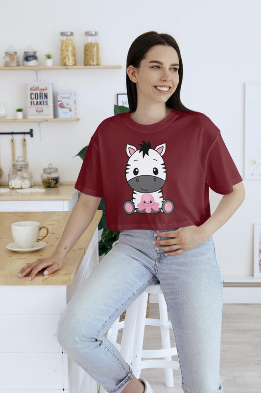 Women's Round Neck Zebra Crop Top Maroon by ZealforTee