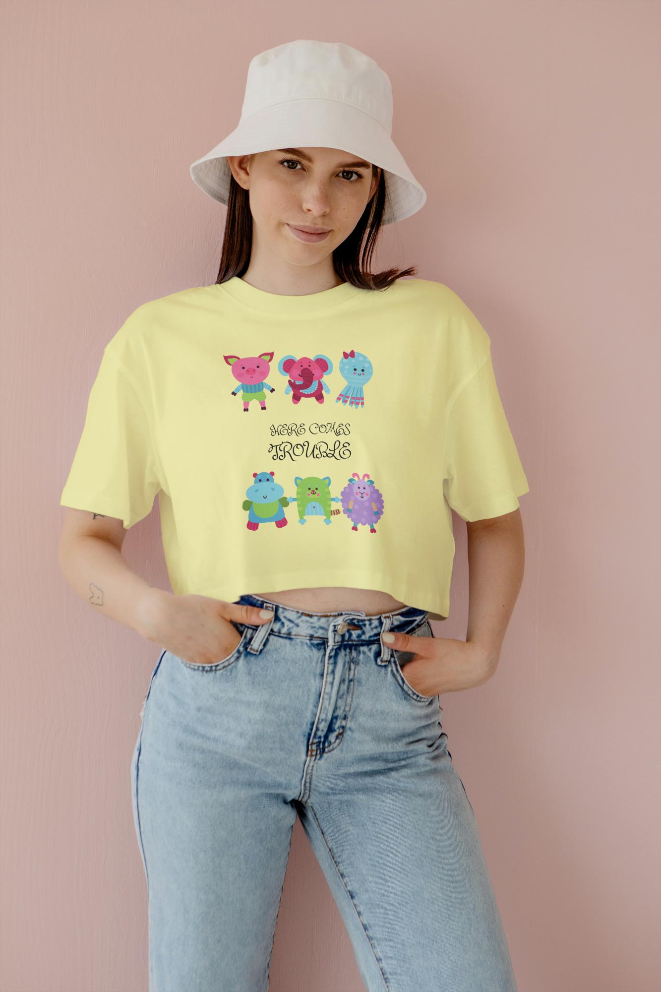 Women's Round Neck Trouble Crop Top White by ZealforTee