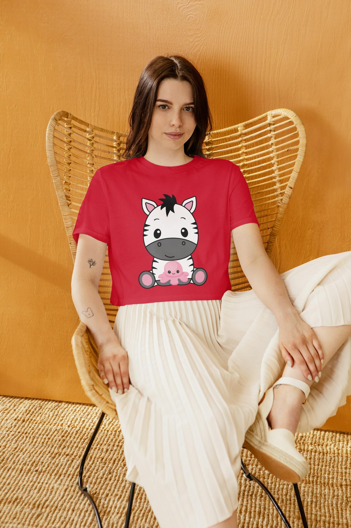 Women's Round Neck Zebra Crop Top Butter Yellow by ZealforTee