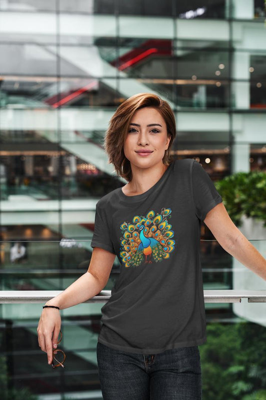 Women's Dancing Peacock T-shirt Black by ZealforTee