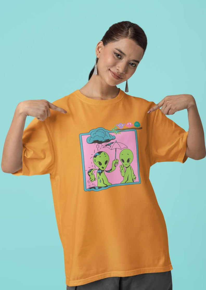 Women's Alien In The Rain Oversized T-shirt Golden Yellow by ZealforTee