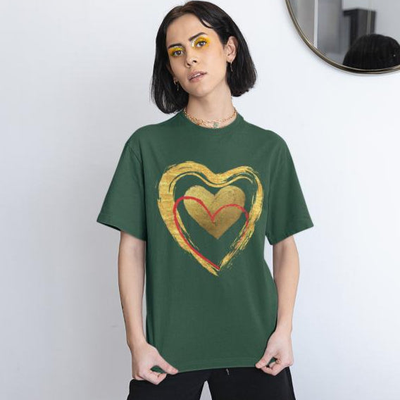 Women's Golden Heart Oversized T-shirt Bottle Green by ZealforTee