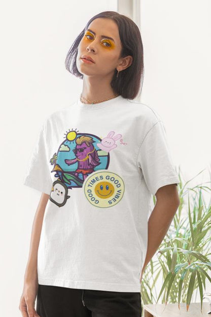 Women's Good Times n Vibes Oversized T shirt White by ZealforTee