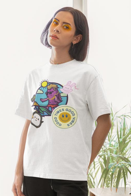 Women's Good Times n Vibes Oversized T shirt White by ZealforTee