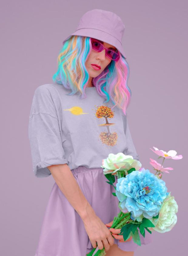 Women's Tree Mirror Image Oversized T-shirt Light Baby Pink by ZealforTee