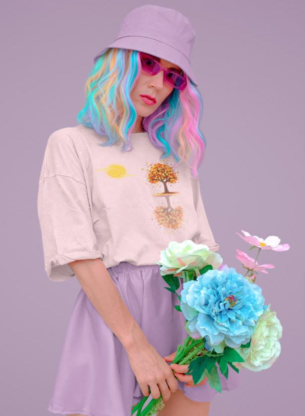 Women's Tree Mirror Image Oversized T-shirt Light Baby Pink by ZealforTee