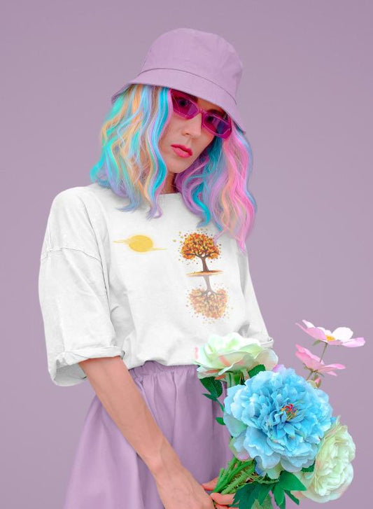 Women's Tree Mirror Image Oversized T-shirt Light Baby Pink by ZealforTee