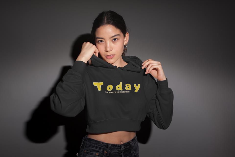 Women's Conquer Today Crop Hoodie Sweatshirt Black by ZealforTee